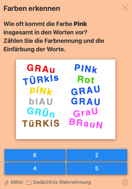 Denksport: Farben erkenne: Wie oft kommt die Farbe "Pink" vor als Wort oder als Einfärbung?